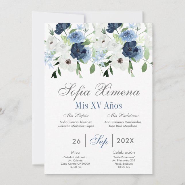 Invitación Floral marina de Quinceanera (Anverso)
