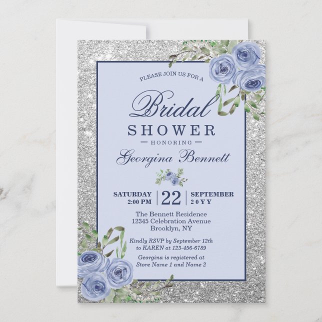 Invitación Floral Marina Plata Azul Esparkles Ducha Bridal (Anverso)
