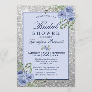 Invitación Floral Marina Plata Azul Esparkles Ducha Bridal