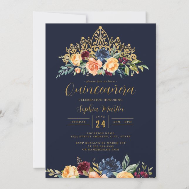 Invitación Floral Marina Tiara Borgoña Quinceanera (Anverso)