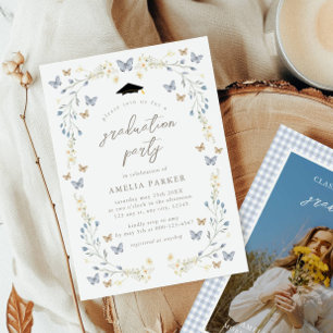 Invitación Floral Mariposa Dusty Blue Photo Graduation