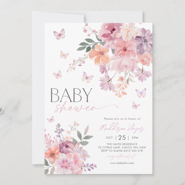 Invitación Floral mariposa rosa rosa morado Baby Shower (Anverso)