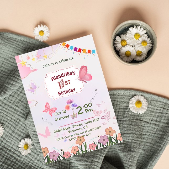 Invitación Floral mariposa rosa y blanca 1er cumpleaños moder (Subido por el creador)