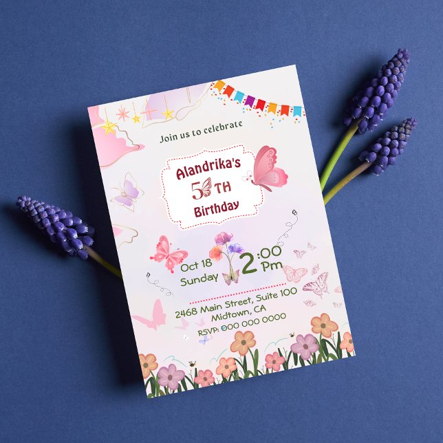 Invitación Floral mariposa rosa y blanco 5 cumpleaños moderno (Subido por el creador)