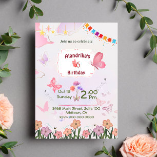 Invitación Floral mariposa rosa y blanco 5 cumpleaños moderno