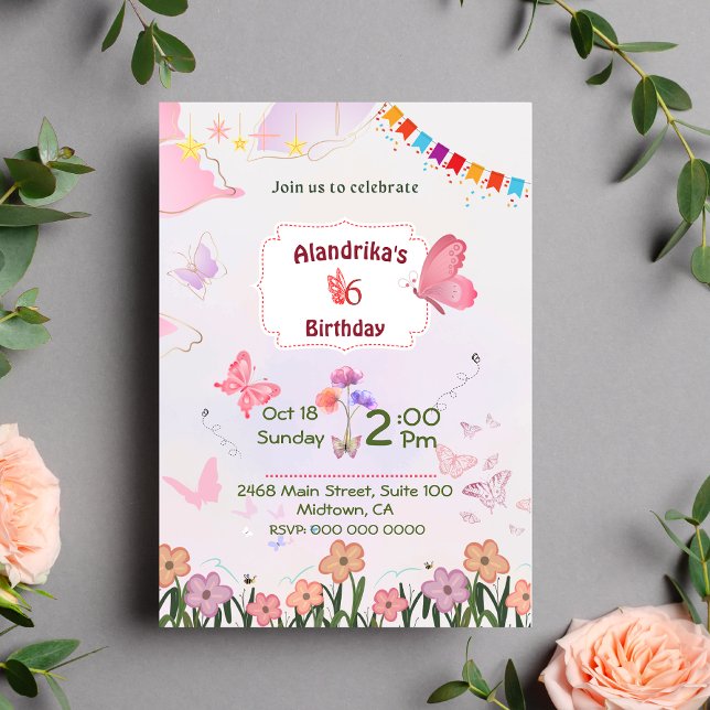 Invitación Floral mariposa rosa y blanco 5 cumpleaños moderno (Subido por el creador)