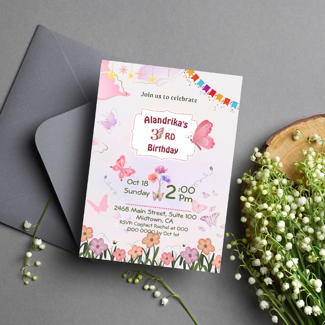 Invitación Floral mariposa rosa y blanco lindo tercer cumplea (Subido por el creador)