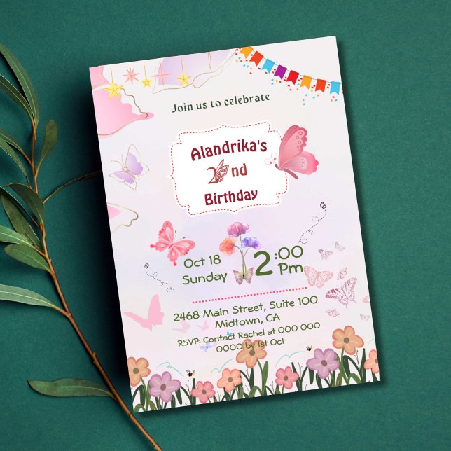 Invitación Floral mariposa rosa y blanco segundo cumpleaños m (Subido por el creador)