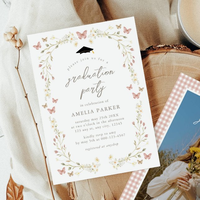 Invitación Floral Mariposa Rubor Graduación de Foto Rosa (Subido por el creador)