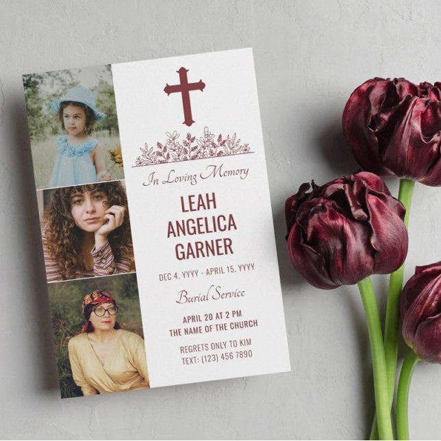 Invitación Floral Maroon Cross 3 Fotos Servicio de entierro b (Subido por el creador)