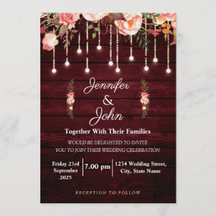 Invitación Floral Maroon Wooden Rustic Boda