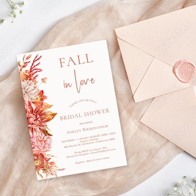 Invitación Floral marrón en amor ducha de novia (Fall in Love Bridal Shower Invitation Template, Warm Brown Floral Fall Bridal Shower Invitation)