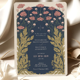 Invitación Floral marrón rosa azul marino Art Nouveau