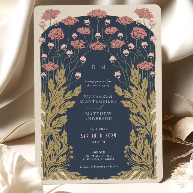 Invitación Floral marrón rosa azul marino Art Nouveau (Subido por el creador)