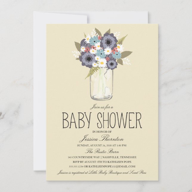 Invitación Floral Mason Jar Baby Shower (Anverso)