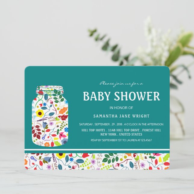 Invitación Floral Mason Jar Baby Shower (Anverso de pie)