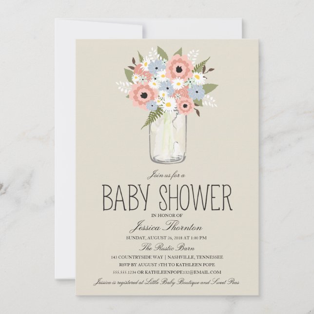 Invitación Floral Mason Jar Baby Shower (Anverso)
