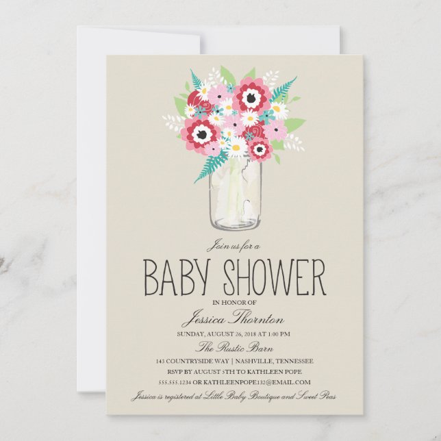 Invitación Floral Mason Jar Baby Shower (Anverso)