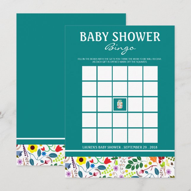 Invitación Floral Mason Jar Baby Shower Bingo (Anverso / Reverso)