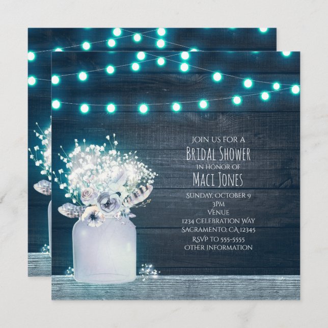 Invitación Floral Mason Jar Blue ilumina una novia invernal r (Anverso / Reverso)