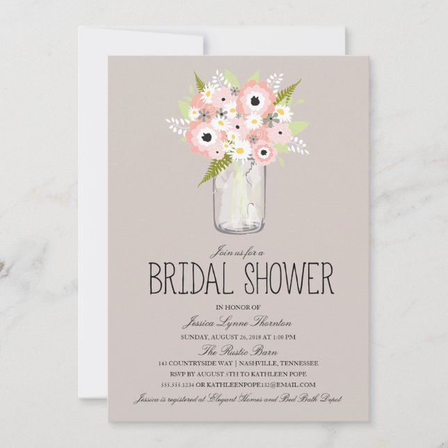 Invitación Floral Mason Jar Bridal Shower (Anverso)