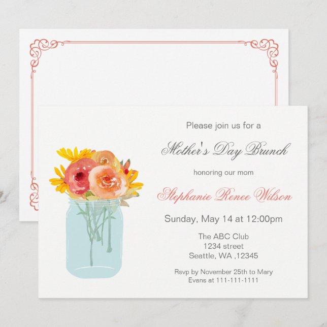 Invitación Floral Mason Jar: Brunch del Día de la Madre invit (Anverso / Reverso)
