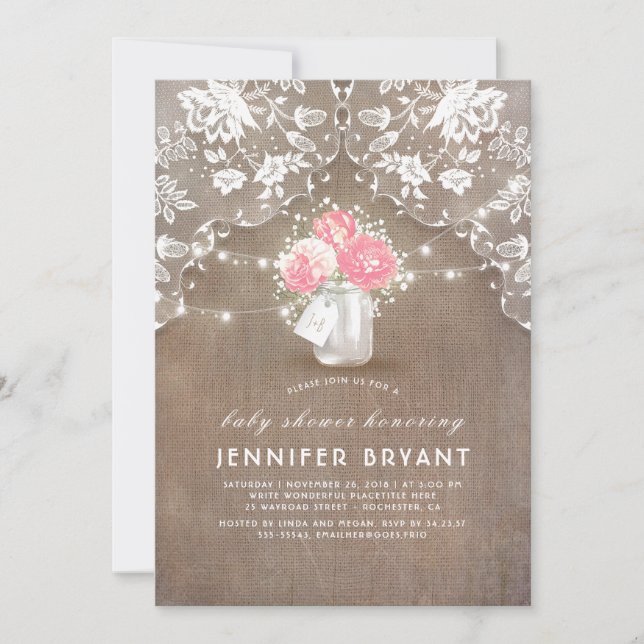 Invitación Floral Mason Jar Lace y Burlap Baby Shower (Anverso)