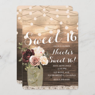 Invitación Floral Mason Jar & Lights Rustic Country Sweet 16
