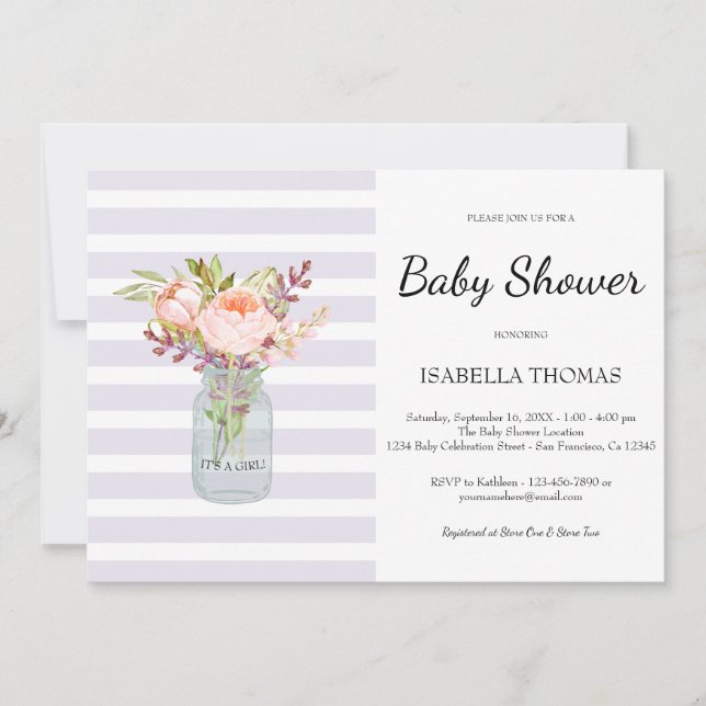 Invitación Floral Mason Jar Purple Stripes Baby Shower (Anverso)