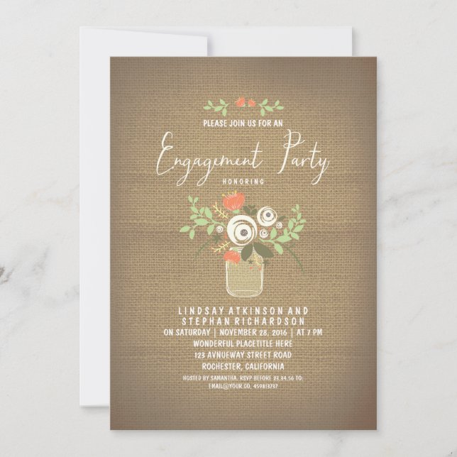 Invitación Floral Mason Jar Rustic Burlap Engagement Party (Anverso)