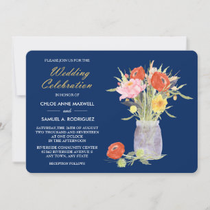 Invitación Floral Mason Jar sobre el Boda azul de la marina