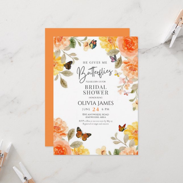 Invitación Floral me da mariposas ducha de novia (Anverso/Reverso In Situ)