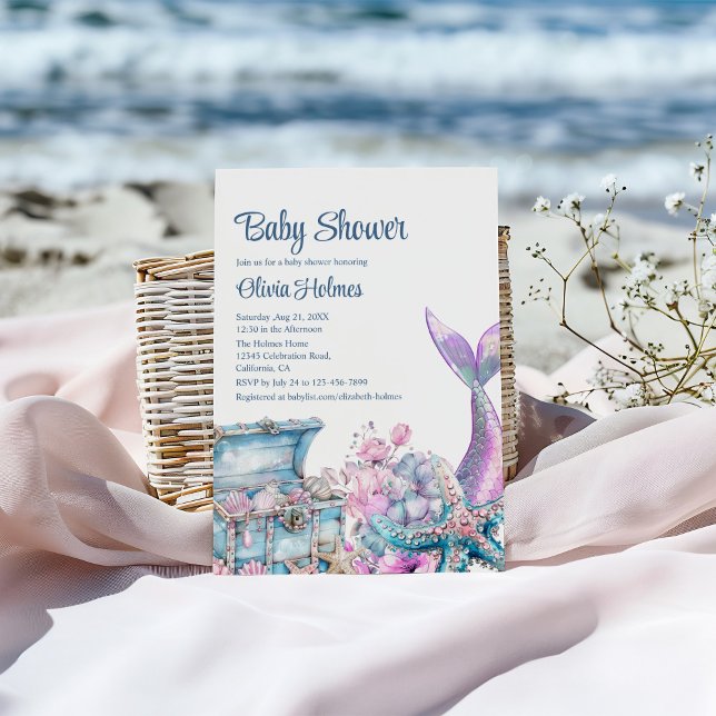 Invitación Floral Mermaid Tail Starfish Baby Shower (Floral Mermaid Tail Starfish Baby Shower Invitation on a sunny beach.)