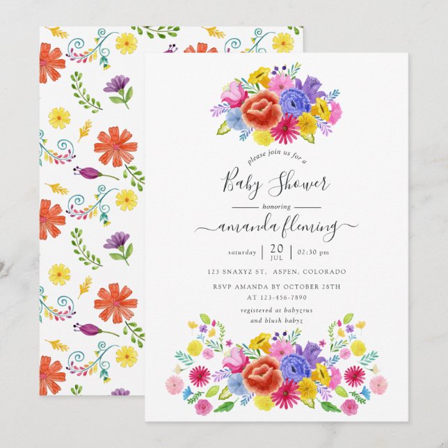 Invitación Floral Mexicana Fiesta Baby Shower (Anverso / Reverso)
