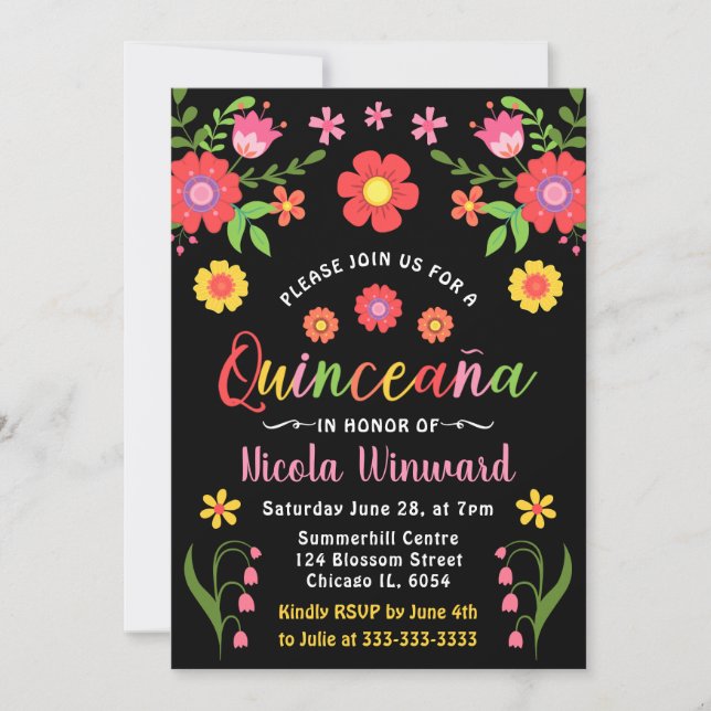 Invitación Floral Mexicana Fiesta Quinceañera  (Anverso)