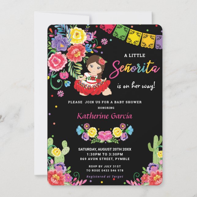Invitación Floral mexicana pequeña señorita Chica Baby Shower (Anverso)