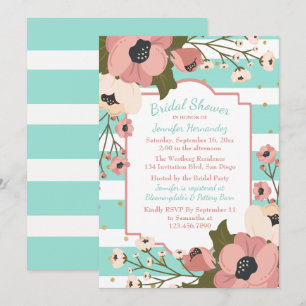 Invitación Floral Mint Bridal Shower Flores rosadas Rayas