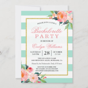 Invitación Floral Mint Green Stripes Gold Bachelorette