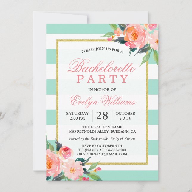 Invitación Floral Mint Green Stripes Gold Bachelorette (Anverso)