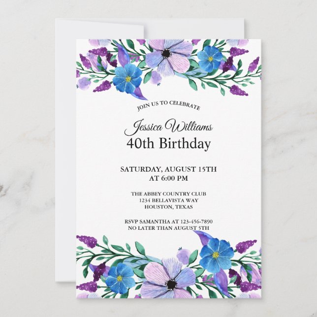 Invitación Floral mixta femenina romántica 40 cumpleaños (Anverso)