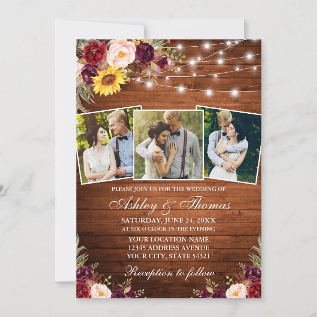 Invitación Floral mixta rusa 3 Boda de luces de madera fotogr (Anverso)