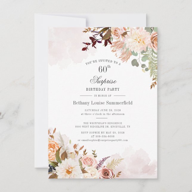 Invitación Floral moderna 60 cumpleaños acuarela botánica (Anverso)