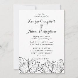 Invitación floral moderna a la boda blanca y negra