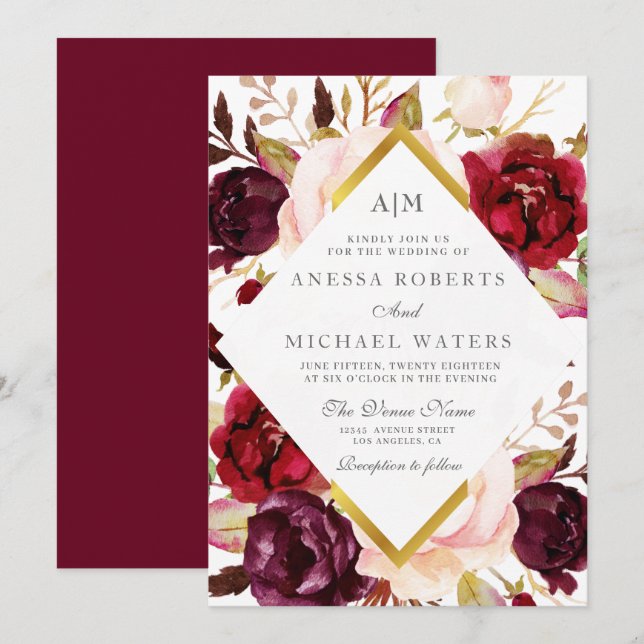 Invitación floral moderna a la boda burdeos (Anverso / Reverso)