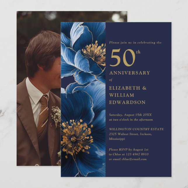 Invitación Floral moderna azul y dorada 50 años foto (Anverso / Reverso)