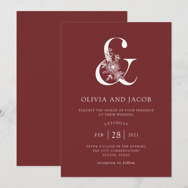 Invitación Floral moderna | Burgundy Ampersand Boda (Anverso / Reverso)