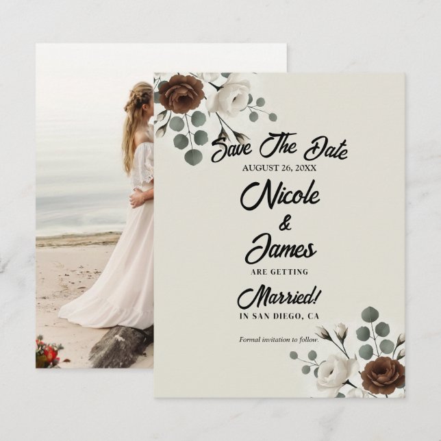 Invitación Floral moderna de crema blanca de mocha salva la f (Anverso / Reverso)