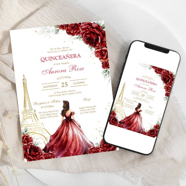 Invitación floral moderna de quinceañera con rosa  (Subido por el creador)