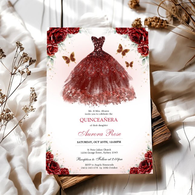 Invitación floral moderna de rosa roja para quince (Subido por el creador)