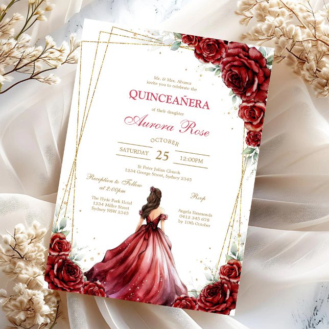 Invitación floral moderna de rosa roja para quince (Subido por el creador)